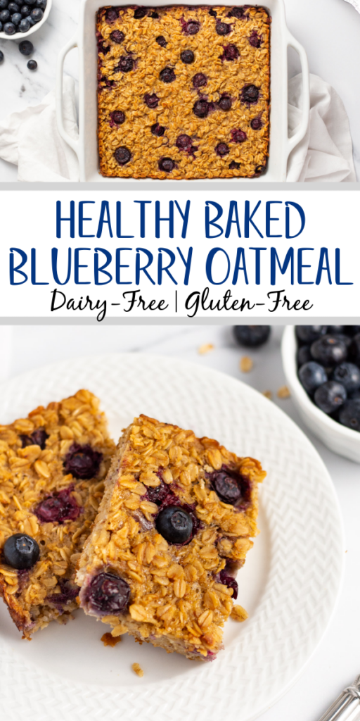 This blueberry baked oatmeal is an easy breakfast or snack recipe to prepare ahead of time. It’s a breakfast that can be eaten on the go, or served in the morning for the whole family. This baked blueberry oatmeal is also vegetarian and gluten-free. Use fresh or frozen blueberries, or swap in fruit already in the fridge! #bakedoatmeal #breakfastrecipes #easybreakfast #breakfastmealprep #blueberryrecipes