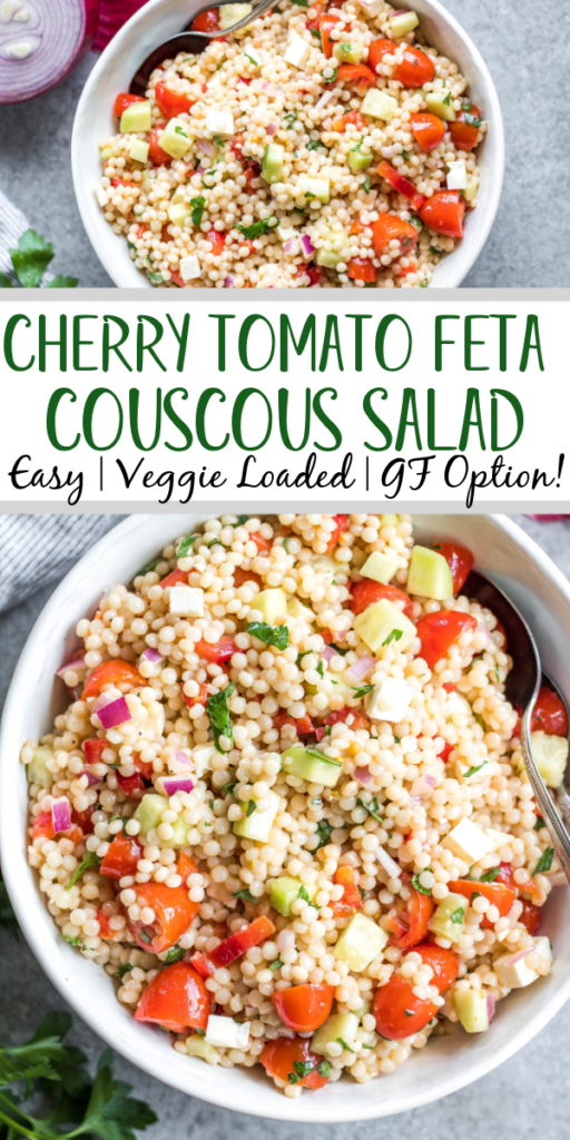 This cherry tomato and feta couscous salad doesn't stop there. It's loaded with vegetables like cucumber, diced red pepper, red onion and parsley. This couscous salad has a gluten-free and dairy-free option, is quick to prep, great as leftovers or for feeding the family a healthy side dish! The zesty red wine vinegar dressing is a perfect compliment to the crunchy summer vegetables. #couscous #saladrecipes #summerrecipes #sidedish