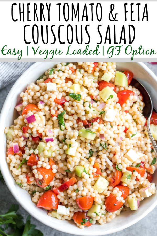 This cherry tomato and feta couscous salad doesn't stop there. It's loaded with vegetables like cucumber, diced red pepper, red onion and parsley. This couscous salad has a gluten-free and dairy-free option, is quick to prep, great as leftovers or for feeding the family a healthy side dish! The zesty red wine vinegar dressing is a perfect compliment to the crunchy summer vegetables. #couscous #saladrecipes #summerrecipes #sidedish