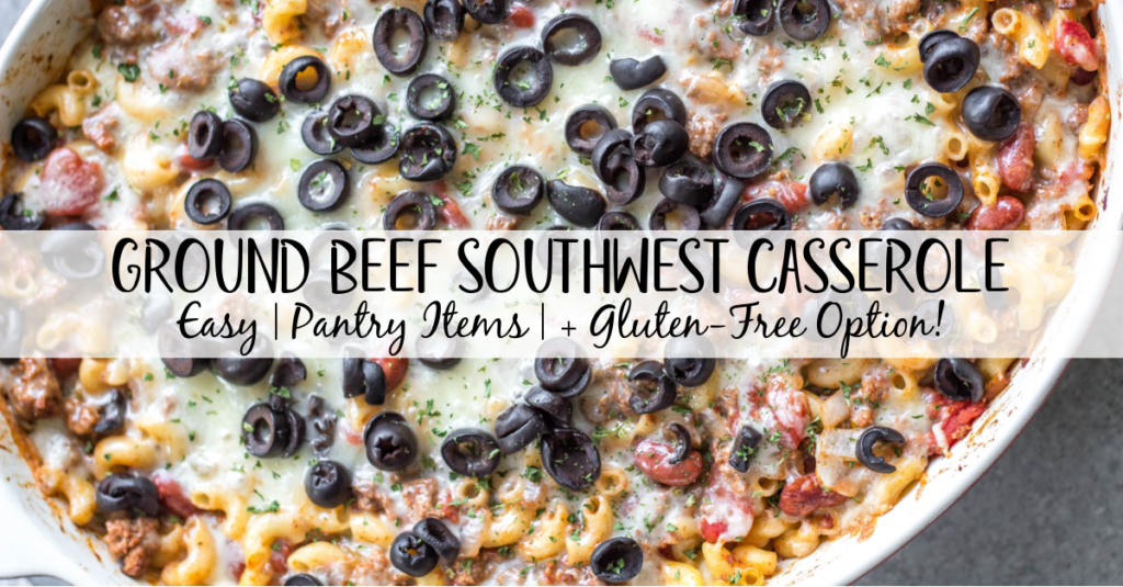 This easy southwest casserole made with ground beef is a great option for a weeknight dinner or recipe for meal prep to make lunches for the week! This ground beef casserole can also be easily made gluten-free. It's filling, comforting, and made with diced tomatoes, beans, onions and a flavorful mix of spices. #glutenfreecasserole #groundbeefcasserole #easydinnerrecipes #healthydinner