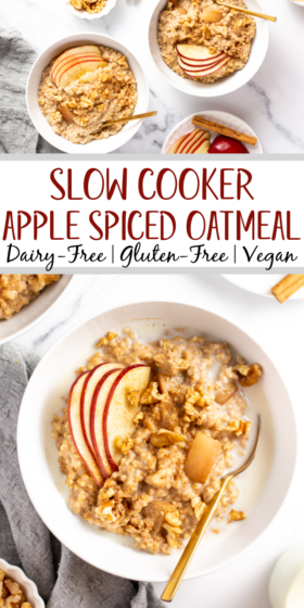This amazingly simple apple spiced slow cooker oatmeal recipe is perfect for your breakfast meal prep. It only requires a few simple ingredients, a crock pot, very little prep or hands on time, and it's vegan, gluten free and dairy free! Made with applesauce and diced apples, this steel cut oatmeal is great for the fall but can always be enjoyed year round! #steelcutoats #slowcookeroatmeal #slowcookerrecipes #crockpot #appleoatmeal #glutenfree #dairyfree