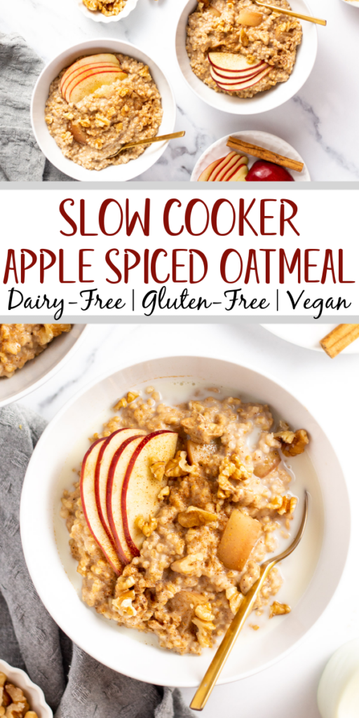 This amazingly simple apple spiced slow cooker oatmeal recipe is perfect for your breakfast meal prep. It only requires a few simple ingredients, a crock pot, very little prep or hands on time, and it's vegan, gluten free and dairy free! Made with applesauce and diced apples, this steel cut oatmeal is great for the fall but can always be enjoyed year round! #steelcutoats #slowcookeroatmeal #slowcookerrecipes #crockpot #appleoatmeal