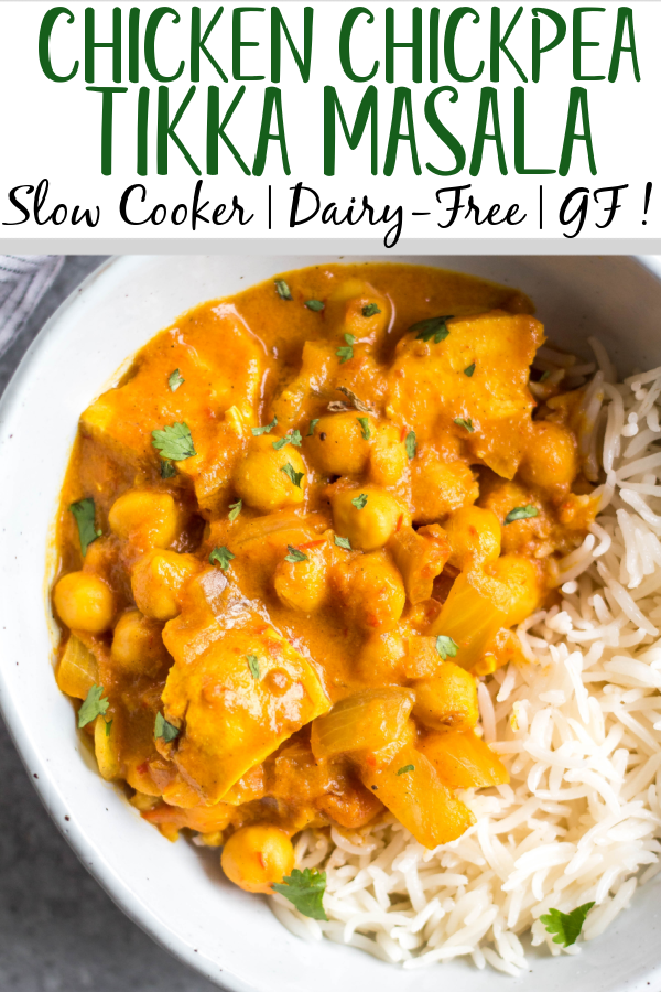 This easy slow cooker chicken and chickpea tikka masala is so simple to throw into your crock pot, and it's a lightened up, dairy-free and gluten-free version. Made with chickpeas (garbanzo beans), juicy chicken and a flavorful sauce, this recipe is perfect for a healthy weeknight meal or meal prep lunches. #slowcooker #dairyfreerecipes #glutenfreeslowcooker #chickenslowcookerrecipes