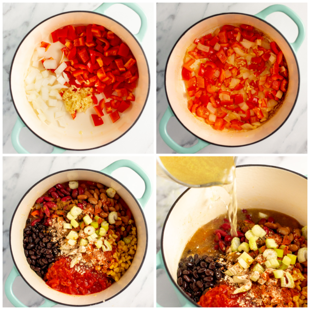 Three bean vegetarian chili cooking process step by step