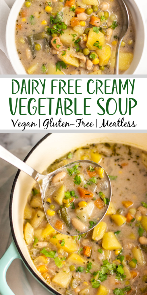 This easy vegan creamy vegetable soup is dairy-free, gluten-free and is a really easy one pot meatless soup for a weeknight dinner or meal prep recipe. It's hearty and filling, yet still healthy and full of vegetables. This vegetarian soup cooks up on the stovetop in about a half hour, is budget friendly, and makes delicious leftovers! #vegansoup #vegetablesoup #meatlessrecipe #meatlesssoup #glutenfreesoup #veganrecipes