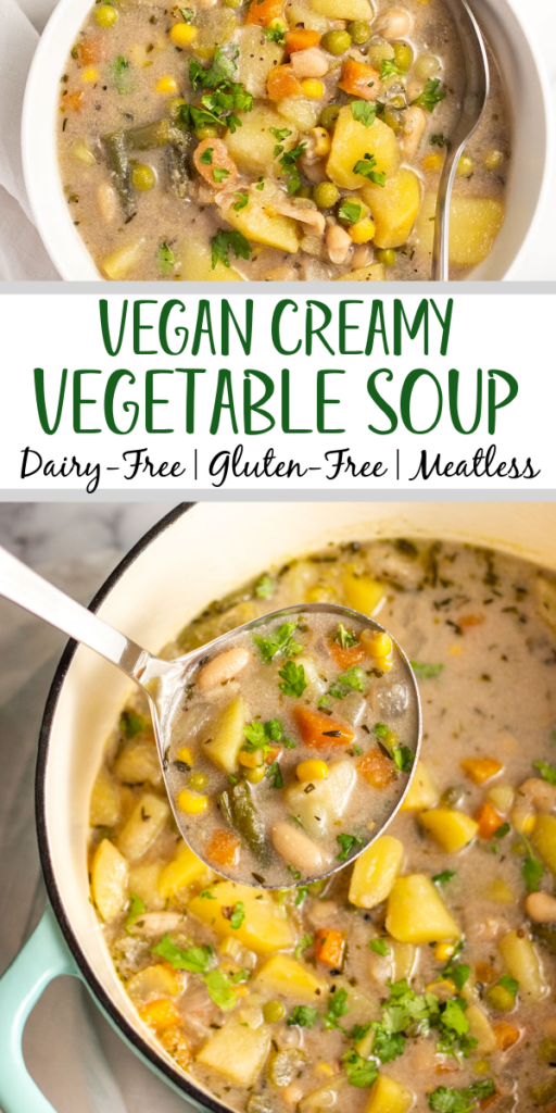This easy vegan creamy vegetable soup is dairy-free, gluten-free and is a really easy one pot meatless soup for a weeknight dinner or meal prep recipe. It's hearty and filling, yet still healthy and full of vegetables. This vegetarian soup cooks up on the stovetop in about a half hour, is budget friendly, and makes delicious leftovers! #vegansoup #vegetablesoup #meatlessrecipe #meatlesssoup #glutenfreesoup #veganrecipes