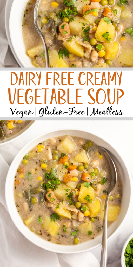 This easy vegan creamy vegetable soup is dairy-free, gluten-free and is a really easy one pot meatless soup for a weeknight dinner or meal prep recipe. It's hearty and filling, yet still healthy and full of vegetables. This vegetarian soup cooks up on the stovetop in about a half hour, is budget friendly, and makes delicious leftovers! #vegansoup #vegetablesoup #meatlessrecipe #meatlesssoup #glutenfreesoup #veganrecipes