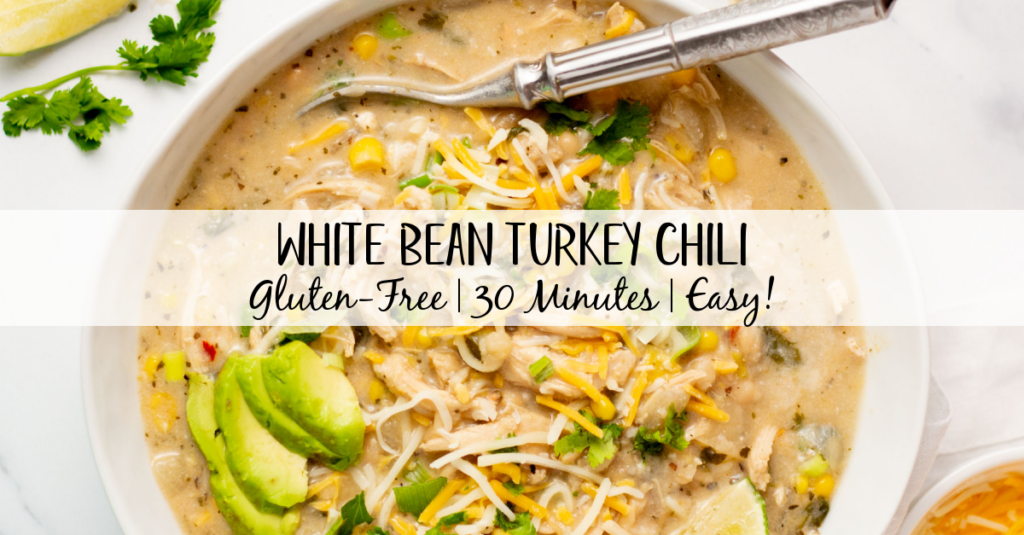 This gluten- free white bean turkey chili is the perfect way to use up leftover turkey, and a simple recipe to make a healthy weeknight dinner. It cooks on the stovetop in one pot in 30 minutes, and reheats well if you're making it for meal prep. There's very little prep work involved, so everything comes together quickly! #glutenfree #whitebeanchili #turkeyrecipes #leftoverturkey #turkeychili