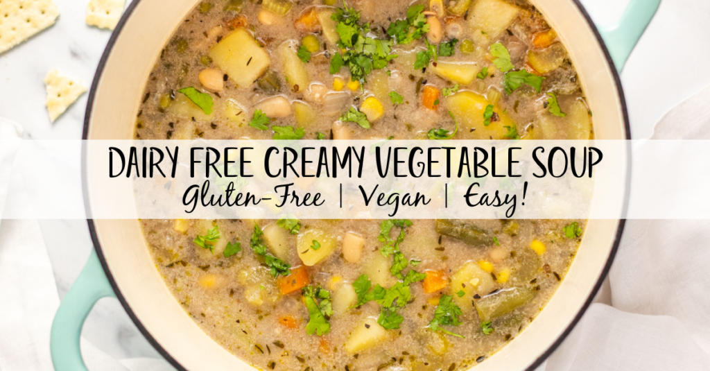 This easy vegan creamy vegetable soup is dairy-free, gluten-free and is a really easy one pot meatless soup for a weeknight dinner or meal prep recipe. It's hearty and filling, yet still healthy and full of vegetables. This vegetarian soup cooks up on the stovetop in about a half hour, is budget friendly, and makes delicious leftovers! #vegansoup #vegetablesoup #meatlessrecipe #meatlesssoup #glutenfreesoup #veganrecipes