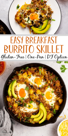 This breakfast burrito skillet is a healthy, gluten-free option for a healthy breakfast that's made in only one pan. It's made from only a few easy, real food ingredients, and can be made dairy-free. The ground breakfast sausage cooks with the onions and potatoes, and salsa, black beans and eggs are added to create a filling, flavorful breakfast meal that everyone will enjoy. #onepan #breakfastskillet #glutenfreebreakfast #breakfastburrito #skilletrecipes