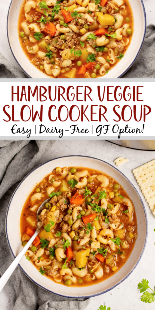 This slow cooker hamburger and vegetable noodle soup is hearty, full of vegetables like carrots, potatoes, celery, peas and onions, and is perfect for a weeknight meal or meal prep lunches you can prepare ahead of time. It's easily made gluten-free with your choice of gluten-free noodles. Your crock pot will do all of the work for you after a few quick minutes of prep, so dinner is ready when you are! This ground beef recipe is budget friendly and only uses simple ingredients