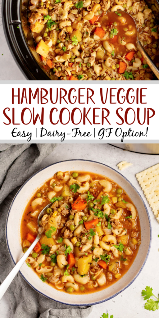 This slow cooker hamburger and vegetable noodle soup is hearty, full of vegetables like carrots, potatoes, celery, peas and onions, and is perfect for a weeknight meal or meal prep lunches you can prepare ahead of time. It's easily made gluten-free with your choice of gluten-free noodles. Your crock pot will do all of the work for you after a few quick minutes of prep, so dinner is ready when you are! This ground beef recipe is budget friendly and only uses simple ingredients