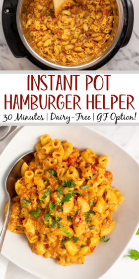 This easy instant pot hamburger helper recipe gets dinner on the table in 30 minutes! It's perfect for a busy weeknight, uses minimal ingredients and is a healthier option for a much loved family favorite! With an option to make this gluten-free and dairy-free, you can feel good about serving this instant pot ground beef recipe as a go-to staple made with real ingredients. #groundbeefrecipes #instantpot #glutenfreeinstantpot #hamburgerhelper #dairyfree