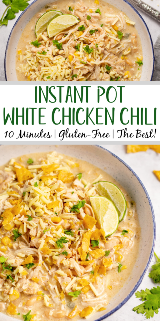 With a cook time of just 20 minutes, this instant pot white chicken chili uses minimal ingredients, minimal prep, but delivers maximum flavor. It's a hearty yet gluten-free chili that is perfect for a quick weeknight dinner that's family-friendly, or a meal prep recipe for lunch that you'll look forward to all week. #instantpotchili #glutenfreeinstantpot #chilirecipes #chickenchili #glutenfreechilii #weeknightdinner