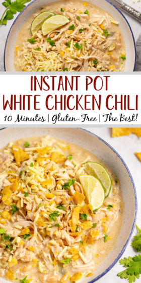 With a cook time of just 20 minutes, this instant pot white chicken chili uses minimal ingredients, minimal prep, but delivers maximum flavor. It's a hearty yet gluten-free chili that is perfect for a quick weeknight dinner that's family-friendly, or a meal prep recipe for lunch that you'll look forward to all week. #instantpotchili #glutenfreeinstantpot #chilirecipes #chickenchili #glutenfreechilii #weeknightdinner