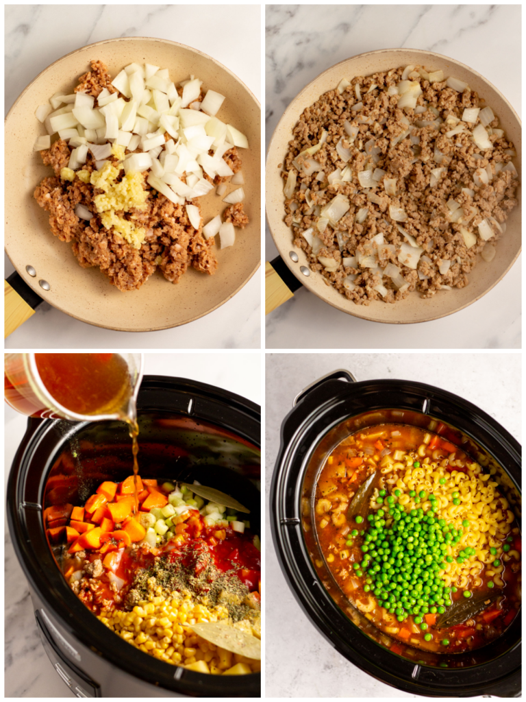 slow cooker hamburger and vegetable noodle soup step by step cooking process