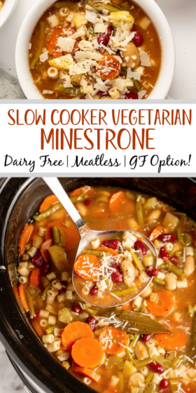 This slow cooker vegetarian minestrone soup is the epitome of healthy and hearty. It's great as an easy meatless meal, or served along side of chicken or beef as a side. The crock pot does all of the work for you, and the end result is a flavorful Italian style soup that's vegan, dairy-free, and loaded with beans, pasta (with a gluten-free option), and vegetables like celery, carrots, potatoes, green beans and tomatoes. #veganminestrone #vegansoup #slowcookersoup #vegetarianslowcooker #crockpotminestrone