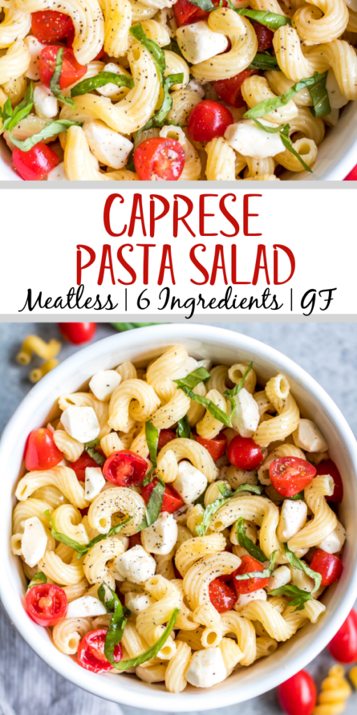 This Caprese pasta salad is bursting with fresh flavors from the cherry tomatoes, basil, mozzarella and oil based dressing. It comes together in 20 minutes, and can be made gluten-free. It's made with very few ingredients and is a perfect side dish to pair with grilled chicken in the summertime or just for meal prep any other time! It's a meatless pasta salad that is a family friendly recipe everyone will fall in love with! #pastasalad #glutenfreepastasalad #capresesalad #tomatorecipes #summersalads
