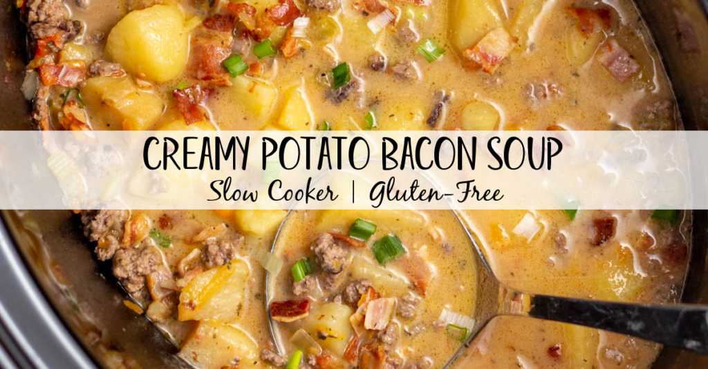 This slow cooker creamy potato bacon soup is going to be a new family-friendly favorite. It's easy to make so it's perfect for a weeknight dinner, and reheats really well so it's great for meal prep. This crock pot ground beef soup is also gluten-free and loaded with vegetables like potatoes, carrots, onion, celery and tomatoes. It's full of flavor and one of our go-to recipes for fall and winter. #slowcookerpotatosoup #potatobaconsoup #groundbeefrecipes #slowcookerbeef #glutenfreesoup