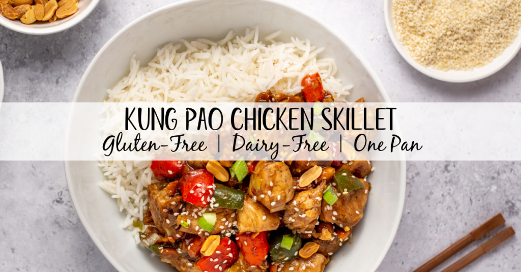 This kung pao chicken stir fry is made in one skillet, and is gluten-free, dairy-free and fully of vegetables! It's a quick and easy way to make your favorite takeout dish right at home in under 30 minutes. It also reheats great, making it not only great for a weeknight dinner but for a meal prep recipe as well. #chickenskillet #30minuterecipe #kungpao #onepan #mealprep