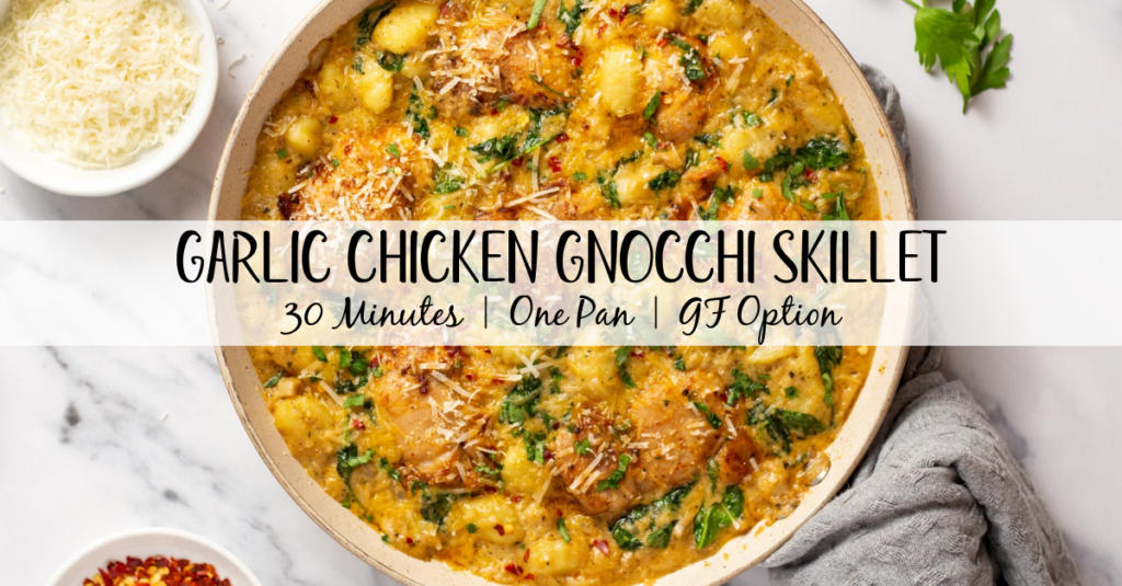 This garlic chicken gnocchi skillet is the perfect simple recipe for a quick weeknight dinner. It's easy, done in 30 minutes, and can be made gluten-free! Juicy chicken thighs and pillowy gnocchi are cooked in a delicious cream sauce, and there's plenty of vegetables included right in the same meal with the spinach, onions and mushrooms. It's truly a one pan wonder that's family friendly, or great for meal prep. #chickengnocchi #glutenfreechicken #weeknightmeals #30minutes #chickenrecipes