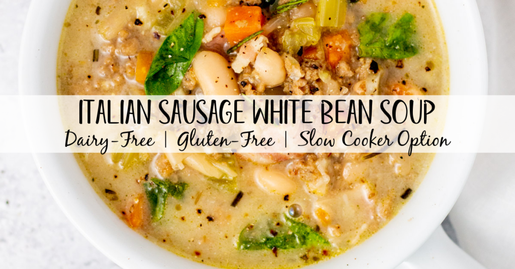 This dairy free Italian white bean soup is gluten-free, and made with lots of vegetables, sausage, bacon, cannellini white beans, and a flavorful blend of spices. It's made on the stovetop in one pot in 30 minutes, and includes slow cooker instructions to set it and forget it. It's perfect for an easy weeknight dinner or simple meal prep! #dairyfreesoup #glutenfreesoup #whitebeansoup #baconrecipes