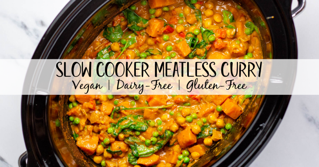 This slow cooker vegetable curry is the easiest set it and forget it meal. It's awesome for a meatless dinner or vegan lunch recipe that is simple to meal prep. It's also gluten-free and dairy-free, really filling and nourishing, and full of that comforting curry flavors you know and love! This crock pot curry uses a lot of pantry staple ingredients, so it's also a very budget friendly recipe! #slowcookercurry #vegancurry #meatless