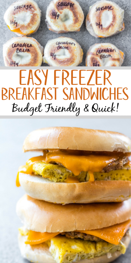 These make ahead freezer breakfast sandwiches are easy, delicious and budget friendly. They're made with baked eggs, your choice of Canadian bacon, sausage patties or bacon, and bagels or english muffins. Having a stash of quick breakfast options that you can grab and go makes early mornings so much easier. They're also a great gift for a new mom or someone recovering from surgery! You can take them to work, to go camping, while traveling, and more! #freezerrecipes #freezerbreakfast #breakfastsandwiches
