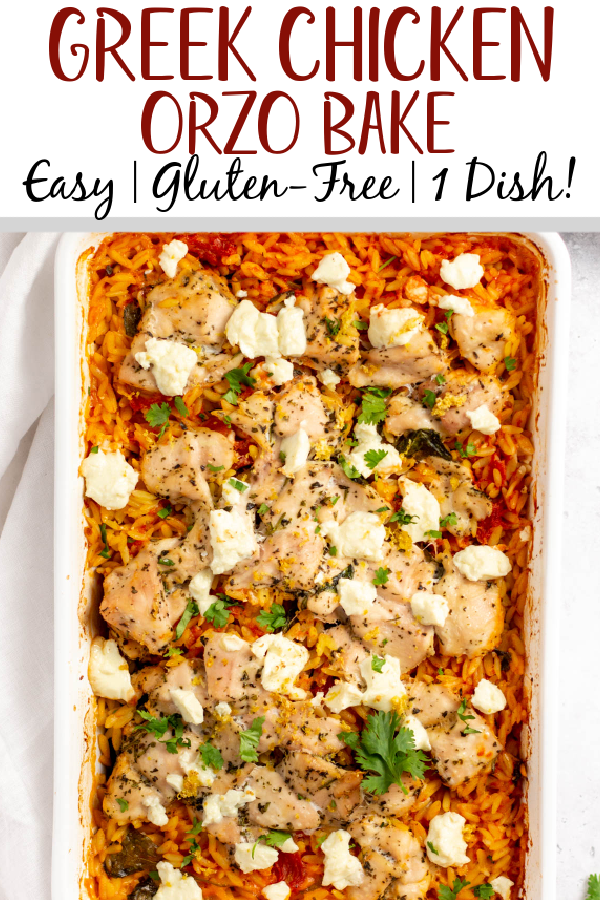 This Greek chicken orzo bake is a really easy and delicious pasta casserole recipe that is made with seasoned chicken, tomatoes, spinach, lemon and plenty of feta! It's simple to make gluten-free, uses few ingredients, and reheats well so you can use this not only as a weeknight dinner, but as a meal prep recipe as well. #pastabake #chickencasserole #chickenpastabake #greekchicken #orzochicken