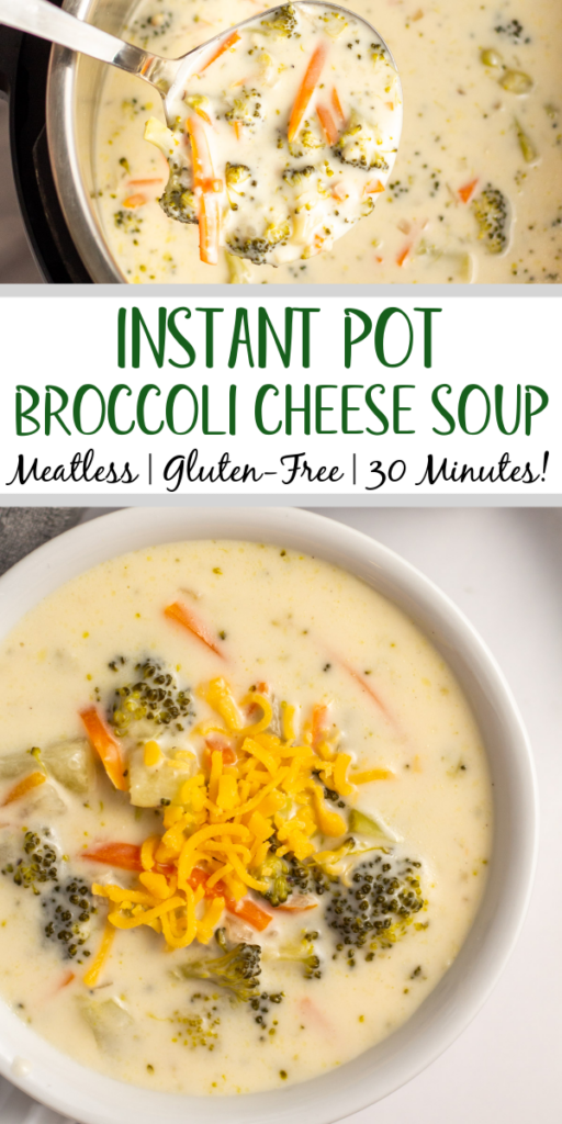 This easy instant pot broccoli cheese soup recipe only takes about a half hour, has hearty vegetables to go along with the broccoli like onion and carrots, and tastes even better than you favorite restaurant's version. It's a gluten-free and meatless soup recipe that's perfect for a chilly day or pairing with a salad or sandwich! This broccoli cheese soup also makes great leftovers, so you can enjoy it all week! #instantpotsoup #broccolicheesesoup #broccolirecipes #meatless #instantpotsoup