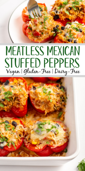 These vegetarian stuffed peppers are full of healthy vegetables like tomatoes, cilantro, corn, green chiles and onions, packed with rice, black beans and all mixed together with a delicious taco seasoning. They're easy to make for a weeknight meal, and to store and reheat for meal prep! They're gluten-free, vegan and vegetarian, and can be made dairy-free! It's a budget friendly recipe the whole family will love. #meatlessrecipes #veganrecipes #stuffedpeppers #dairyfree #vegetariandinner #glutenfreedinner #mealprep