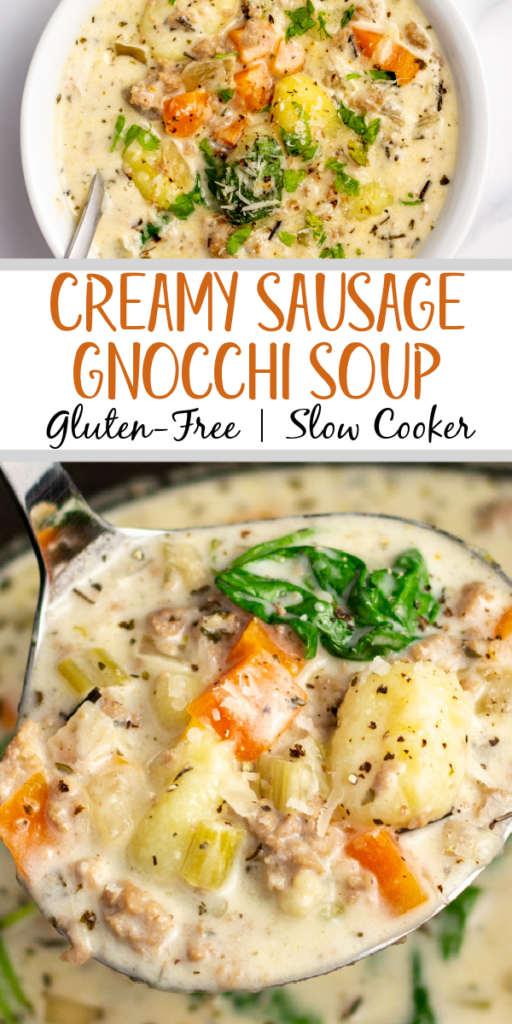 This gluten-free slow cooker creamy sausage gnocchi soup recipe is the perfect cozy weeknight dinner that's family friendly or recipe to make meal prep easy. The leftovers make great lunches, and the soup is filled with vegetables like carrots, celery, onion and spinach so it's nourishing and filling. The creamy gnocchi soup is freezer-friendly as well, so it's a great way to plan for a day you don't want to cook! #gnocchisoup #glutenfreeslowcooker #crockpot #sausagegnocchi