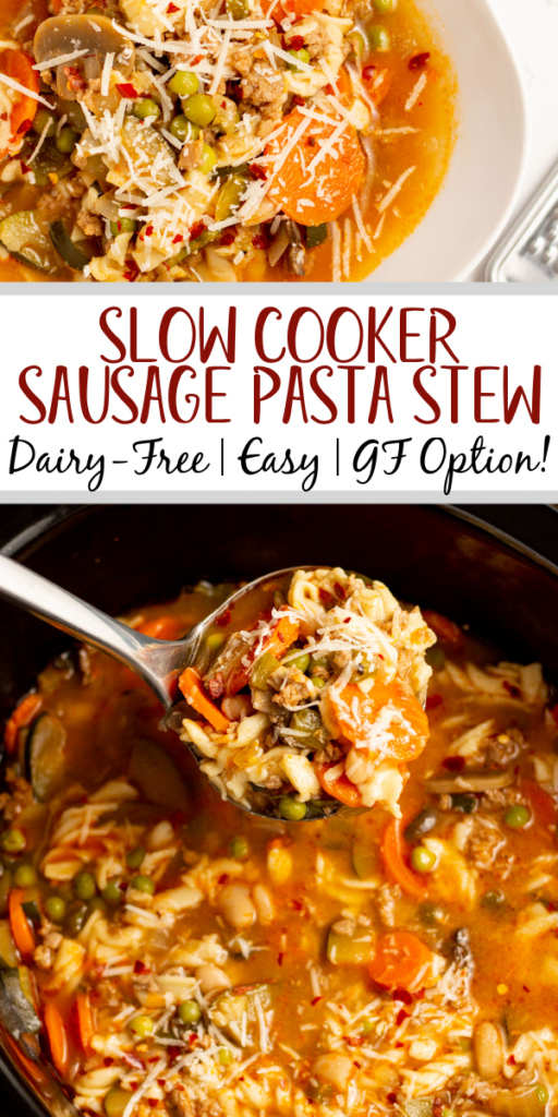 This slow cooker sausage pasta stew is the perfect weeknight meal or meal prep recipe. It only takes a few minute of prep work, has minimal ingredients, and then the crock pot does the rest! It's also gluten-free, dairy-free and full of vegetables like onions, zucchini, carrots, peas and mushrooms. This hearty recipe is sure to be a family friendly meal you'll have on repeat! #slowcookerstew #slowcookersoup #slowcookerpasta #sausagesoup #noodlesoup #glutenfreesoup
