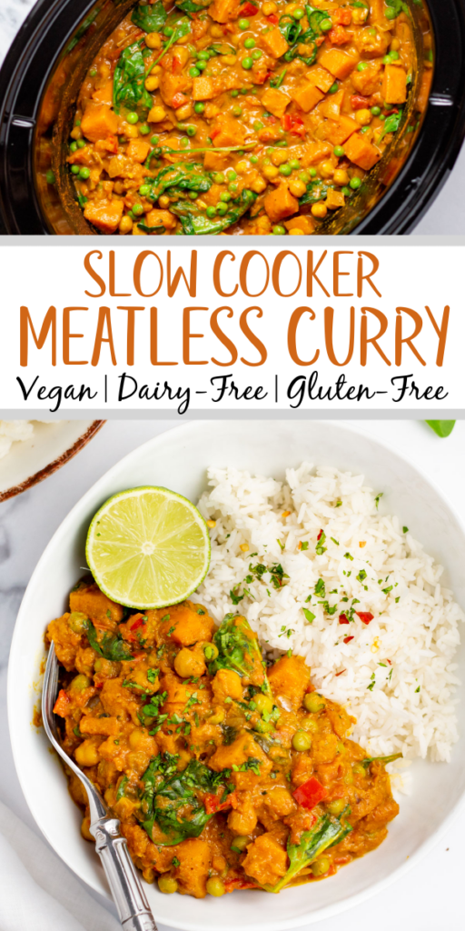 This slow cooker vegetable curry is the easiest set it and forget it meal. It's awesome for a meatless dinner or vegan lunch recipe that is simple to meal prep. It's also gluten-free and dairy-free, really filling and nourishing, and full of that comforting curry flavors you know and love! This crock pot curry uses a lot of pantry staple ingredients, so it's also a very budget friendly recipe! #slowcookercurry #vegancurry #meatless