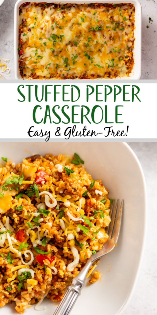 Stuffed peppers make a great meal. This stuffed pepper casserole makes them even better by taking the prep time down to only 15 minutes! It's easy to make, it's gluten free, and it makes enough to feed the whole family. Take the work out of dinner and give this beef stuffed pepper casserole a go for a simple, healthy, and hearty dinner. You won't regret it! #beefcasserole #glutenfree #stuffedpeppers