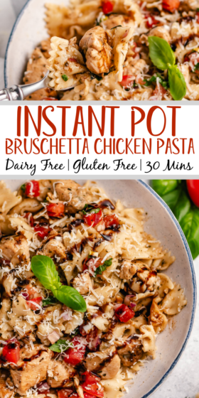Instant pot bruschetta chicken pasta is a quick and healthy pasta meal that can be made gluten free and dairy free. The homemade bruschetta uses only six fresh ingredients and, when coupled with the seasoned chicken and pasta, makes for a delicious meal any day of the week. With the ease of the instant pot, this fast, no mess pasta, is sure to be a hit! #instantpotpasta #instantpotchicken #homemadebruschetta #30minutemeals