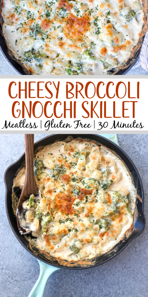 This cheesy broccoli gnocchi skillet is a super easy meatless recipe that can be made vegetarian and gluten-free. The pillowy gnocchi skillet, made in under 30 minutes, is a satisfying dish that will have even the kids eating their broccoli and wanting more. #meatlessrecipes #gnocchiskillet #broccolignocchi #meatlessdinner