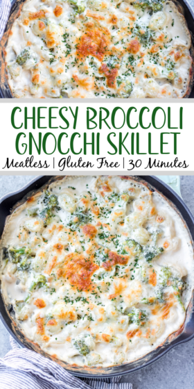 This cheesy broccoli gnocchi skillet is a super easy meatless recipe that can be made vegetarian and gluten-free. The pillowy gnocchi skillet, made in under 30 minutes, is a satisfying dish that will have even the kids eating their broccoli and wanting more. #meatlessrecipes #gnocchiskillet #broccolignocchi #meatlessdinner