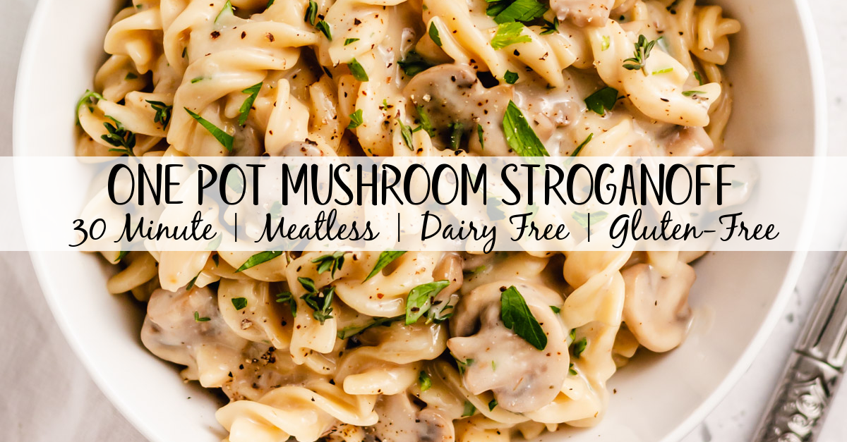 This one pot mushroom stroganoff is a super easy meatless meal that is made in 30 minutes. It's full of fresh flavor and is dairy free and can easily be made gluten free or vegetarian. The mushroom stroganoff is perfect for a cozy night in or for meal prep for satisfying weekday lunches. Save some time and cut down on dishes and give this recipe a try! #30minutemeals #onepotpasta #glutenfree #dairyfree #meatless