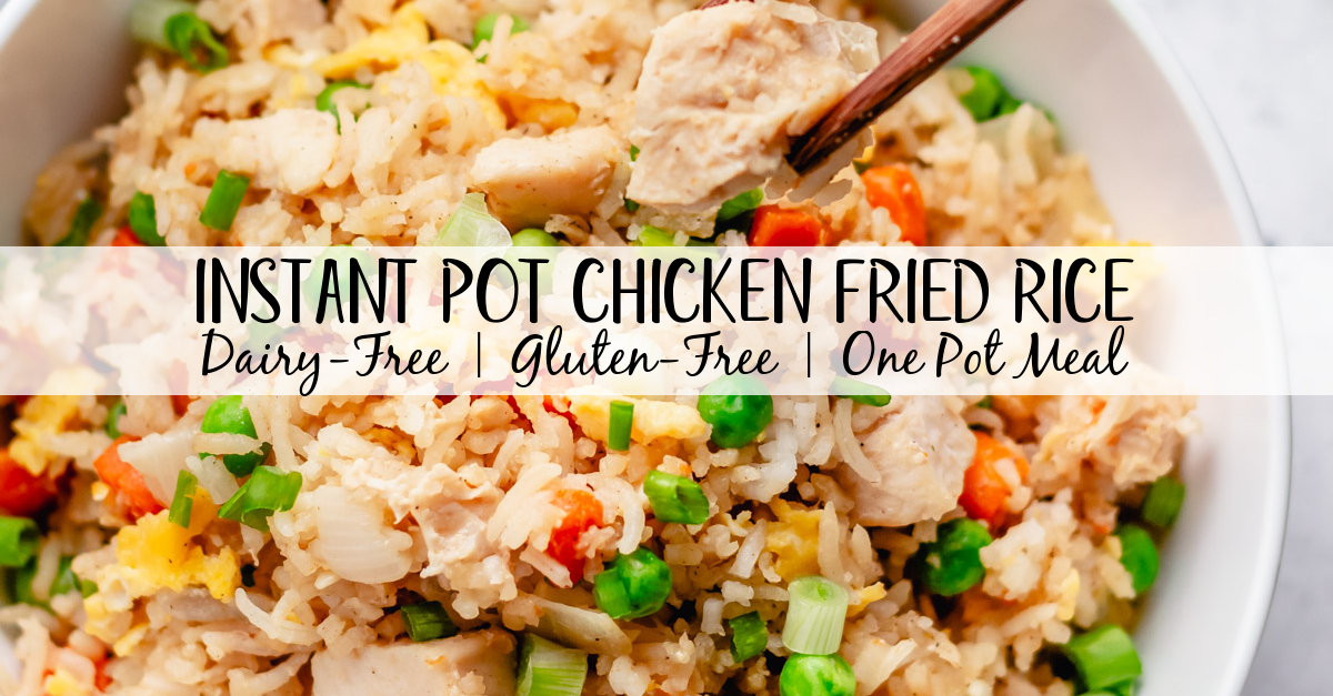 Instant pot chicken fried rice is the perfect one pot recipe for a fast and easy weeknight meal with no mess. It has just a few ingredients and is naturally gluten free and dairy free. You can easily swap out the chicken for extra veggies to make it vegetarian. Look no further for a healthy, satisfying, alternative to take out! #instantpotchicken #onepotmeals #chickenfriedrice