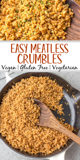 Making vegan ground beef at home is fast and easy! This recipe for meatless crumbles is plant based and soy based, and only uses a few simple ingredients including TVP, mushrooms and onions. It's a high protein, gluten free, budget friendly option compared to buying vegetarian and vegan ground beef in stores, and it takes less than 20 minutes to make! #beeflesscrumbles #vegangroundbeef #meatlesscrumbles