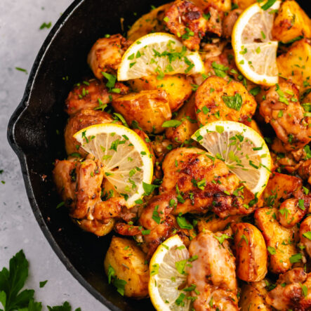 This country style garlic chicken and potato skillet is naturally gluten free. It is ready in 30 minutes and features garlic and ghee for a healthy, comforting meal. Using very few fresh ingredients this skillet roasted, one pot meal is sure to satisfy and be a regular part of your dinner rotation.