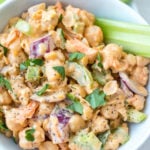 This simple buffalo chickpea salad is a fast and delicious meal, dip or side dish. It's made with fresh ingredients like mayo, carrots, and celery, and is made in under 20 minutes. The buffalo chickpea salad is gluten free, dairy free, meatless and is a versatile recipe for everyone to enjoy. Look no further for a healthy, satisfying salad that's made in a snap! #buffalosalad #glutenfree #dairyfree #easysalad #chickpeasalad
