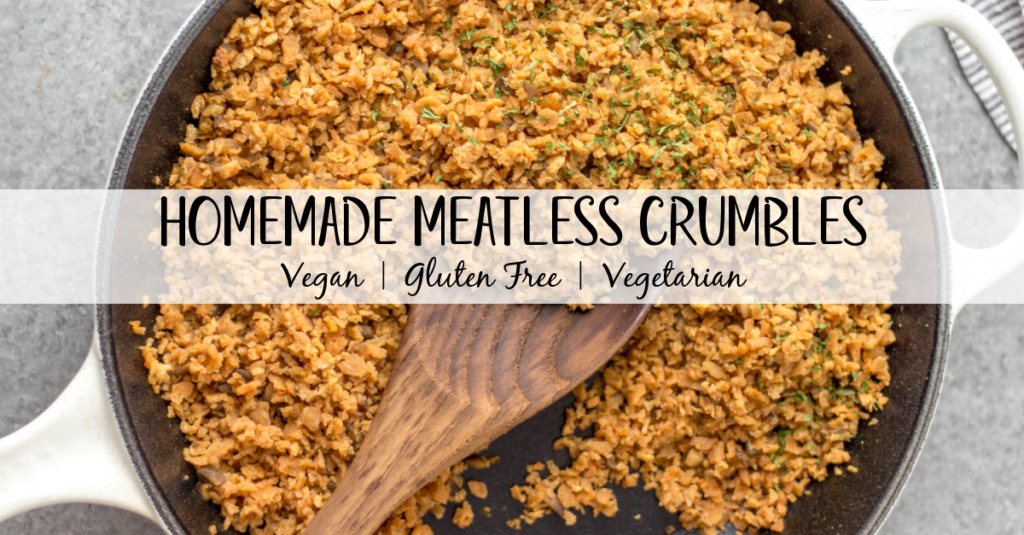 Making vegan ground beef at home is fast and easy! This recipe for meatless crumbles is plant based and soy based, and only uses a few simple ingredients including TVP, mushrooms and onions. It's a high protein, gluten free, budget friendly option compared to buying vegetarian and vegan ground beef in stores, and it takes less than 20 minutes to make! #beeflesscrumbles #vegangroundbeef #meatlesscrumbles
