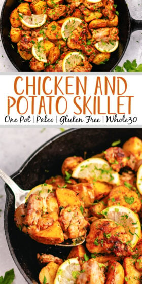 This country style garlic chicken and potato skillet is naturally gluten free. It is ready in 30 minutes and features garlic and ghee for a healthy, comforting meal. Using very few fresh ingredients this skillet roasted, one pot meal is sure to satisfy and be a regular part of your dinner rotation. #healthyskilletrecipes #glutenfreerecipes #healthychickenrecipes #onepotmeals