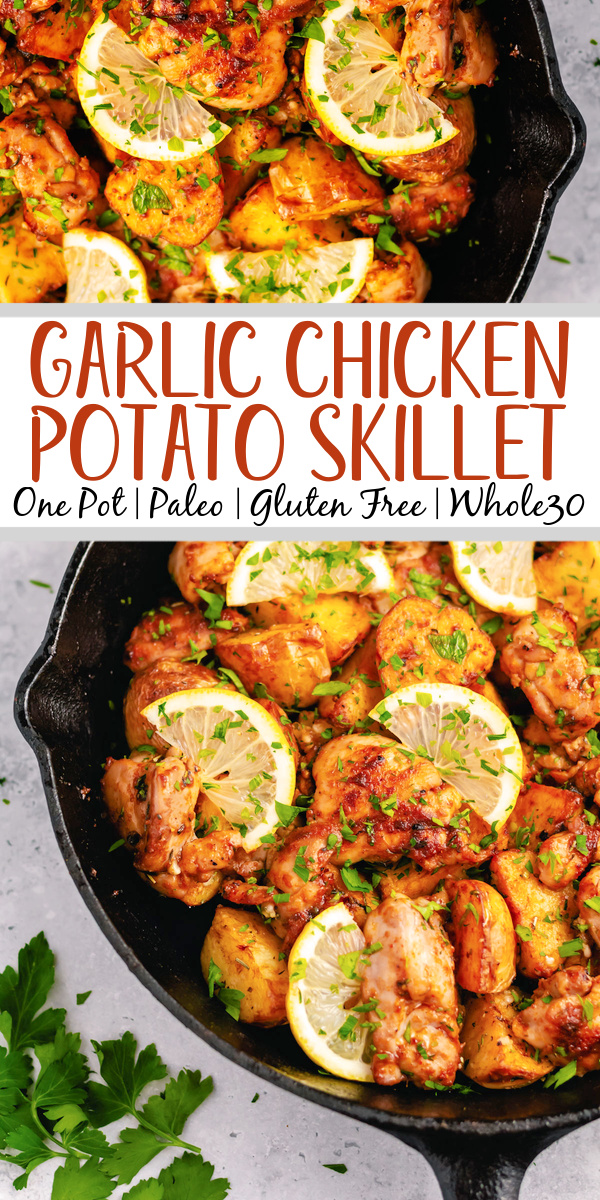 This country style garlic chicken and potato skillet is naturally gluten free.  It is ready in 30 minutes and features garlic and ghee for a healthy, comforting meal. Using very few fresh ingredients this skillet roasted, one pot meal is sure to satisfy and be a regular part of your dinner rotation. #healthyskilletrecipes #glutenfreerecipes #healthychickenrecipes #onepotmeals