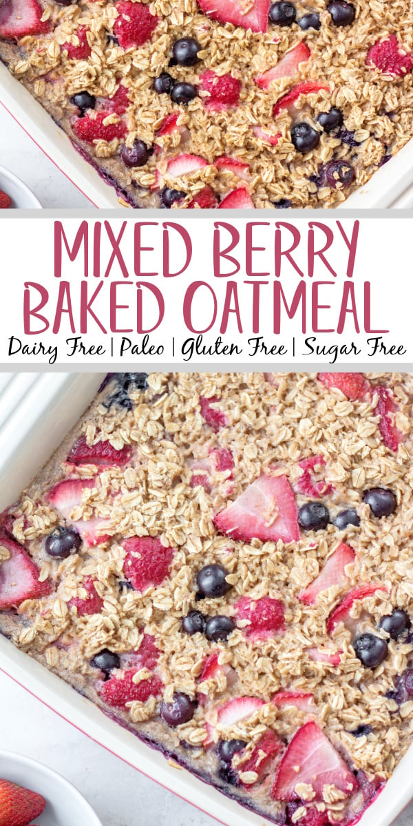 This healthy baked oatmeal is made with a mix of fresh blueberries, strawberries, and raspberries. The recipe is both gluten free and dairy free. Perfect for meal prep, this recipe is both easy and done in under 30 minutes. It features maple syrup and cinnamon combining with rolled oats into breakfast perfection! #healthybreakfastrecipes #healthyoatmealrecipes #glutenfreebreakfast #dairyfreebreakfast #berryoatmeal #bakedoats