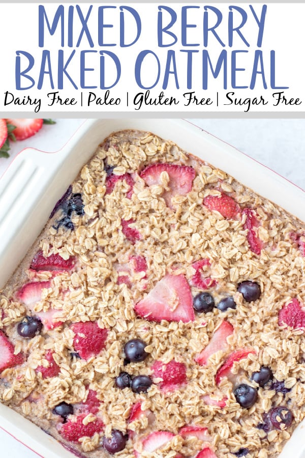 This healthy baked oatmeal is made with a mix of fresh blueberries, strawberries, and raspberries. The recipe is both gluten free and dairy free. Perfect for meal prep, this recipe is both easy and done in under 30 minutes. It features maple syrup and cinnamon combining with rolled oats into breakfast perfection! #healthybreakfastrecipes #healthyoatmealrecipes #glutenfreebreakfast #dairyfreebreakfast #berryoatmeal #bakedoats