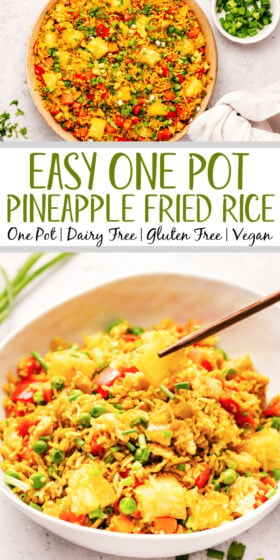 This pineapple curry fried rice is both easy and fast. It's naturally gluten free, dairy free, and completely vegan. The flavors of the pineapple and curry combine with the cilantro and green onion in one pan for a healthy and delicious weeknight meal with minimal cleanup. This one checks all the boxes! #whole30recipes #glutenfree #dairyfree #healthyrecipes #whole30dinner