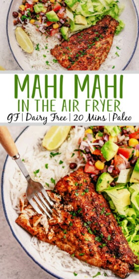 This simple air fryer Mahi Mahi is a must try. It's gluten free, dairy free, and is ready in 15 minutes. It's even keto and Whole30! The homemade seasoning uses a few staple ingredients and makes for a delicious mahi mahi in no time. Upgrade your air fryer and your fish game at the same time! #healthyrecipes #healthyfishrecipes #glutenfreerecipes #dairyfreerecipes #glutenfreedairyfreerecipes #fish